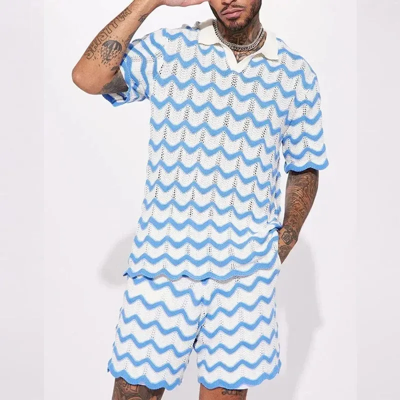Knit Fashion Print Two-Piece Set: Men's Loungewear with Shirts and Shorts