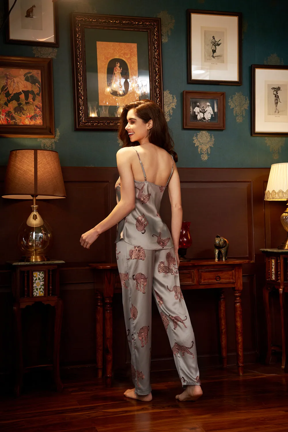Leopard print Satin Night suit with Robe