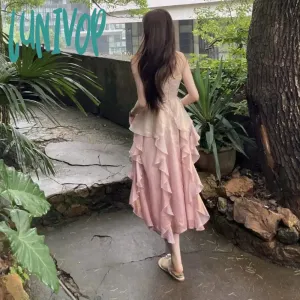 Lunivop cybergoth dress to impress 2024 Summer New Waist-Tight Chiffon Tie-Dyed Ruffled Fairy Skirt Suspender Skirt Super Fairy Heavy Industry Dress