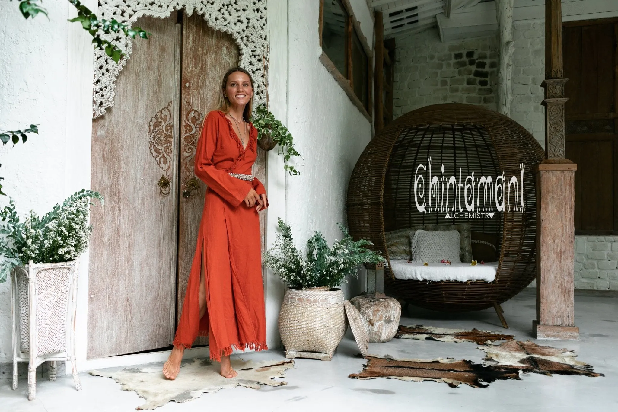 Maxi Kimono Wrap Dress with Fringes & Long Sleeves / Atua Tino / Red Ochre