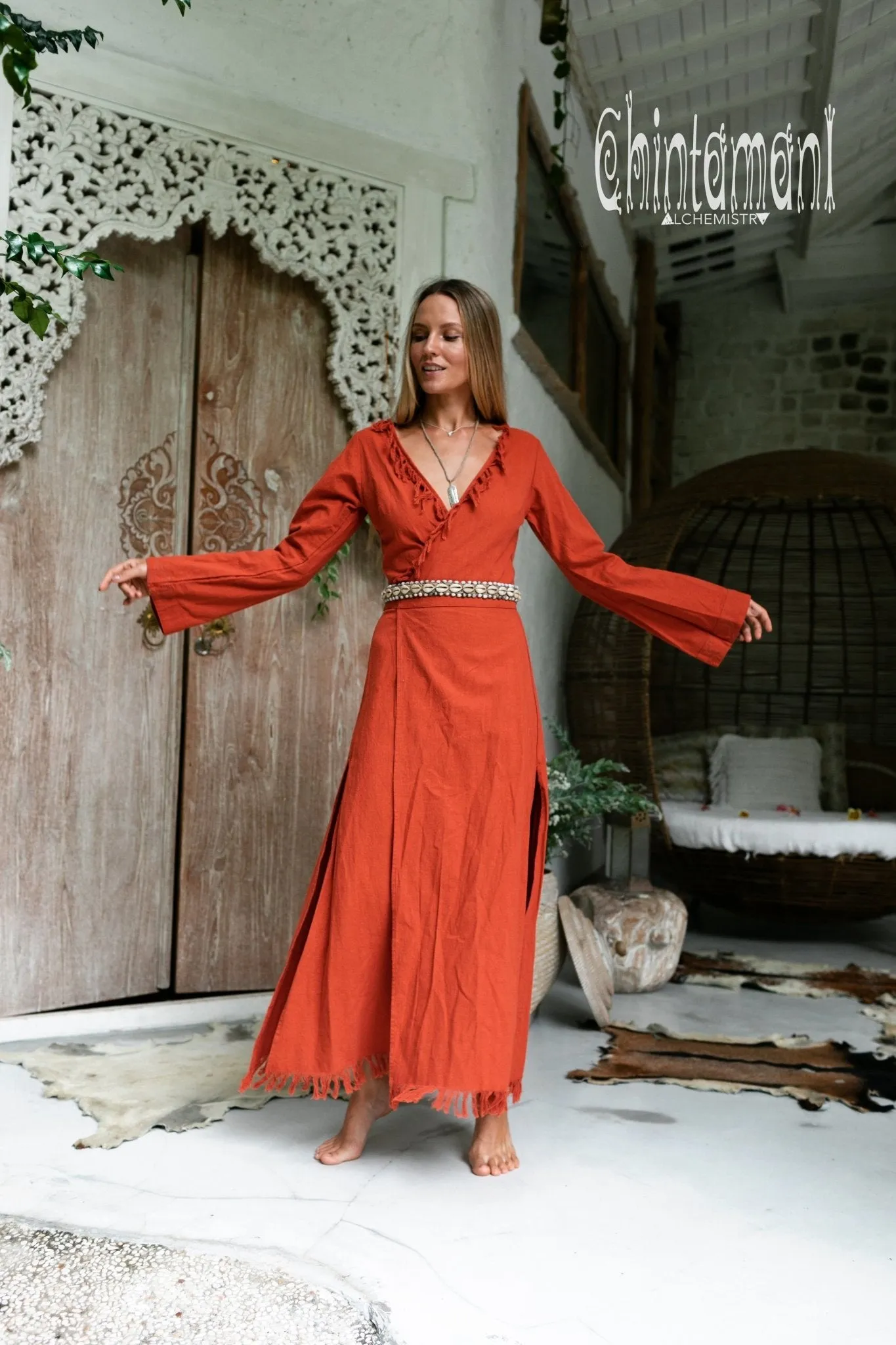 Maxi Kimono Wrap Dress with Fringes & Long Sleeves / Atua Tino / Red Ochre