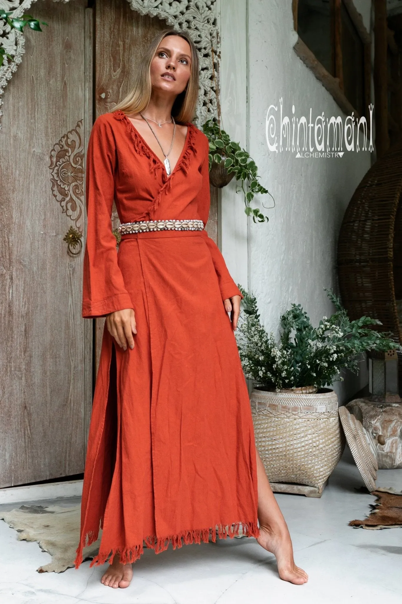 Maxi Kimono Wrap Dress with Fringes & Long Sleeves / Atua Tino / Red Ochre