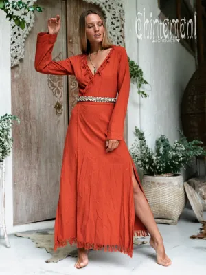 Maxi Kimono Wrap Dress with Fringes & Long Sleeves / Atua Tino / Red Ochre