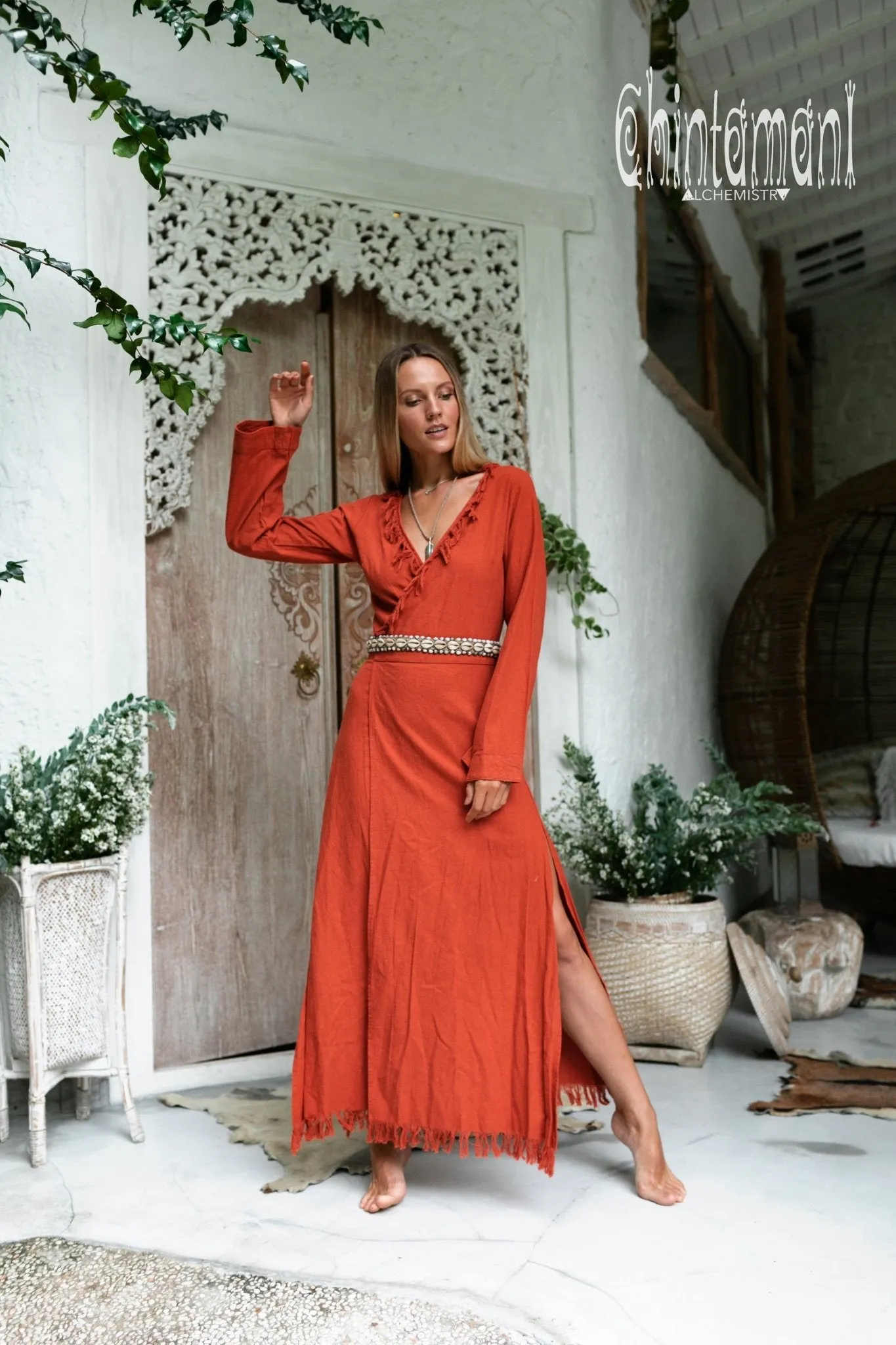 Maxi Kimono Wrap Dress with Fringes & Long Sleeves / Atua Tino / Red Ochre