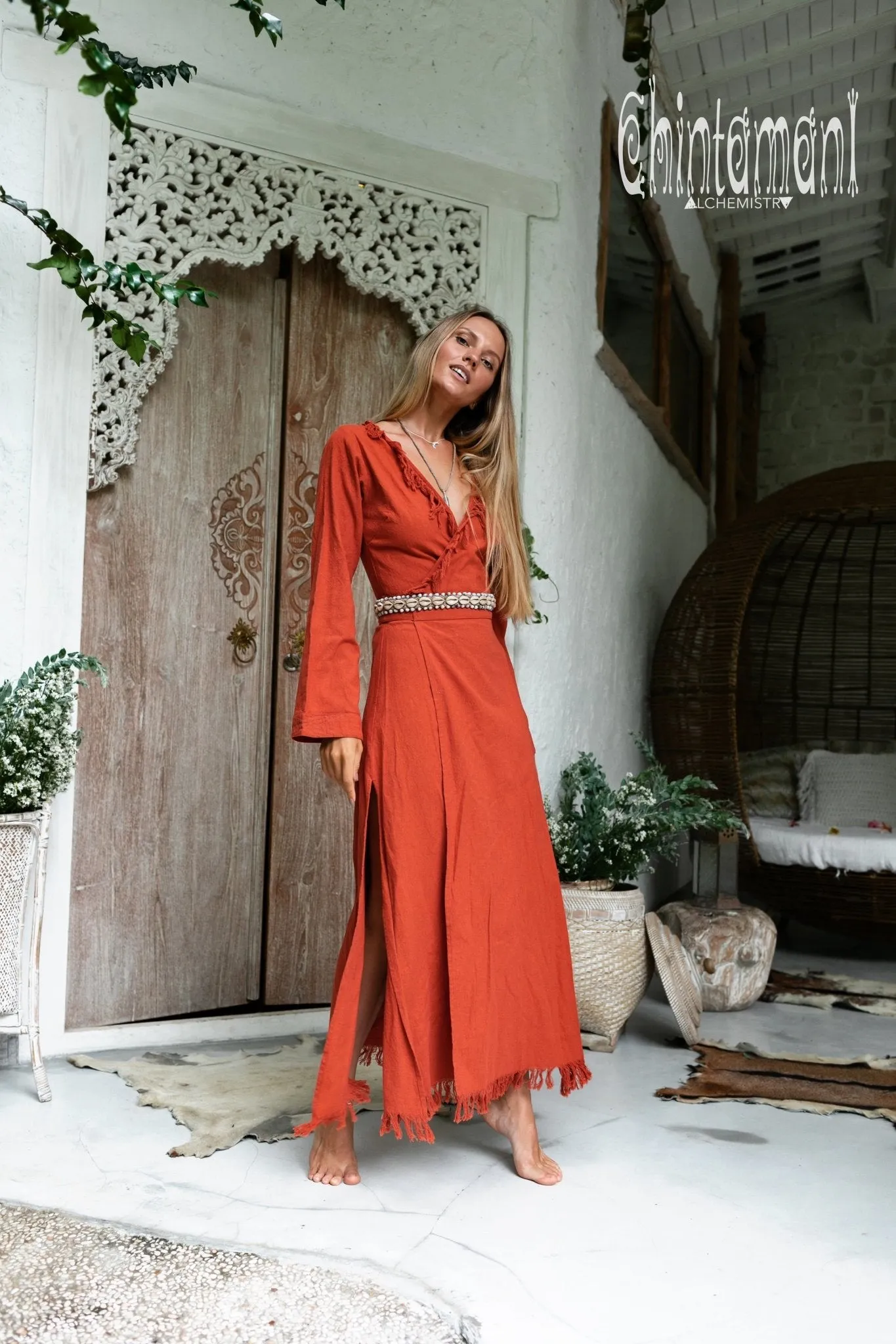 Maxi Kimono Wrap Dress with Fringes & Long Sleeves / Atua Tino / Red Ochre