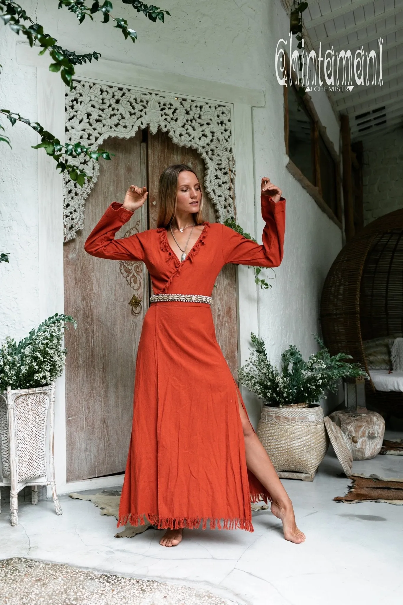 Maxi Kimono Wrap Dress with Fringes & Long Sleeves / Atua Tino / Red Ochre