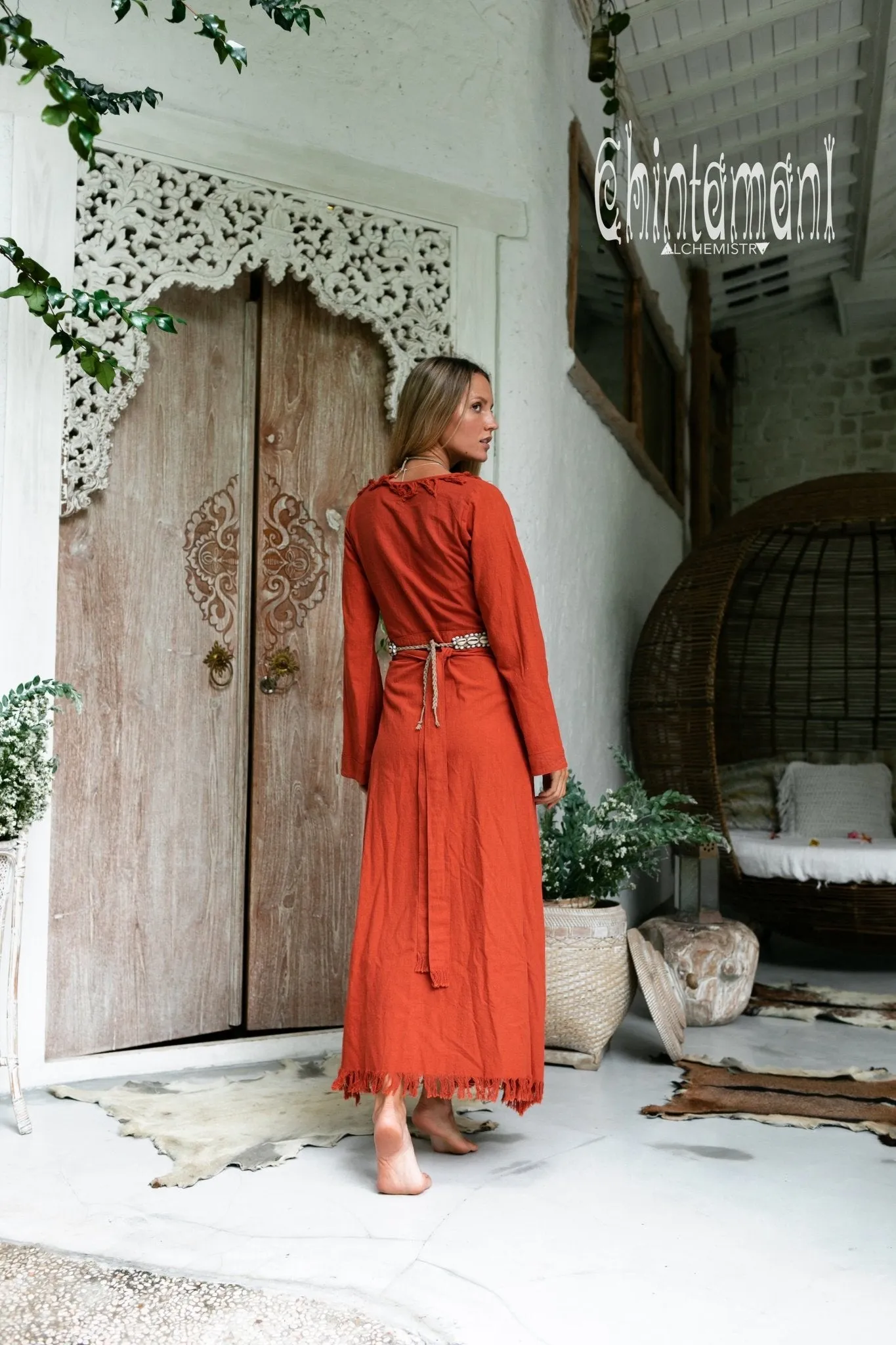 Maxi Kimono Wrap Dress with Fringes & Long Sleeves / Atua Tino / Red Ochre