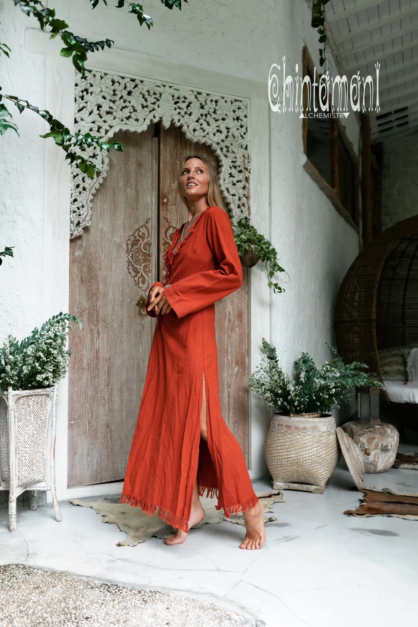 Maxi Kimono Wrap Dress with Fringes & Long Sleeves / Atua Tino / Red Ochre