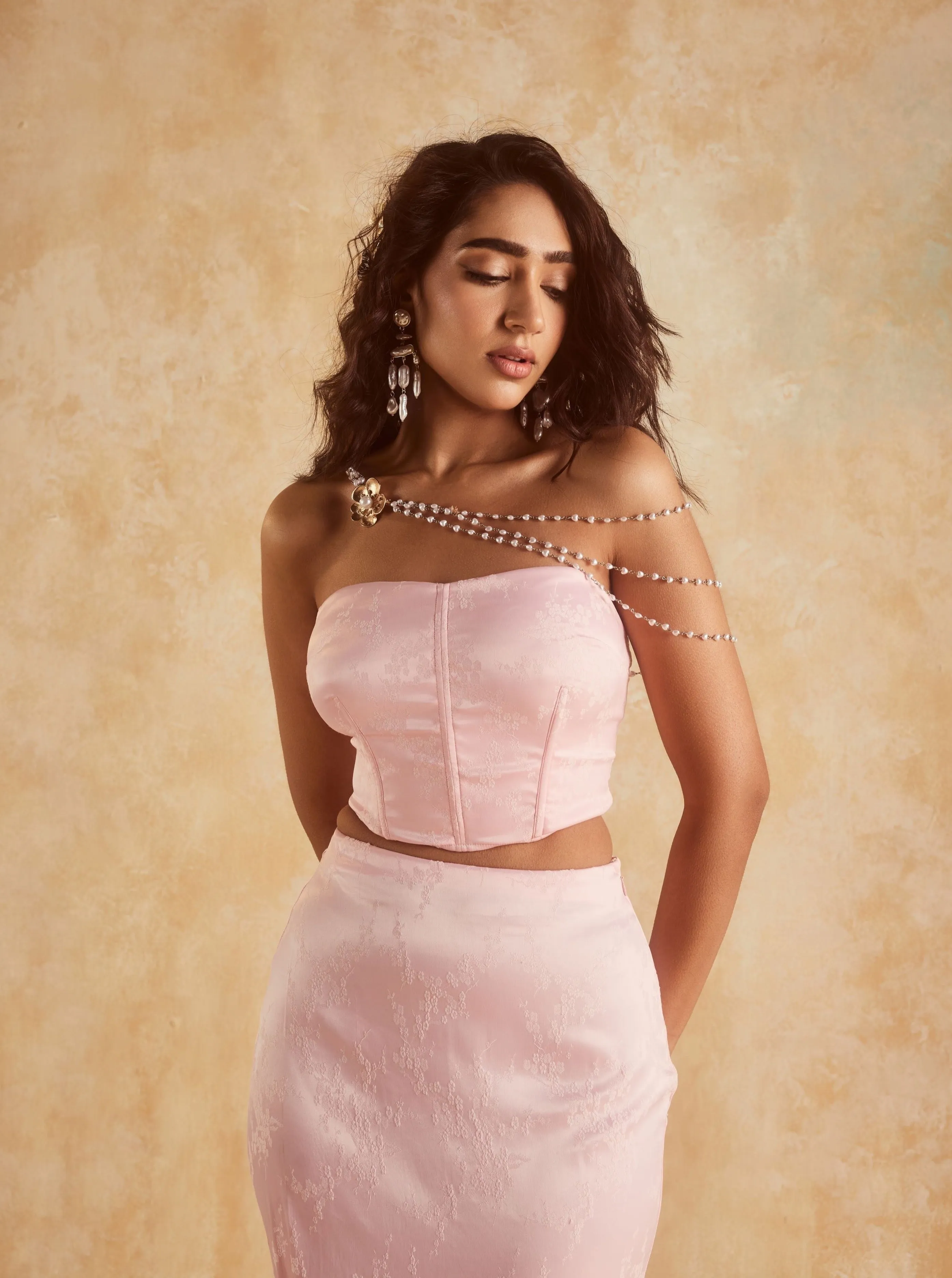 Melody Baby Pink Floral Embossed Satin Corset and Skirt Set
