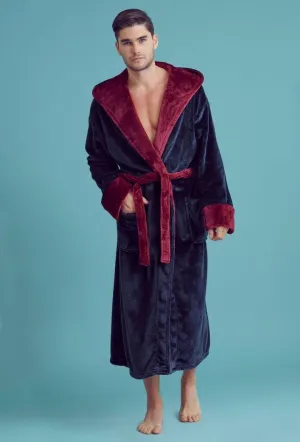 Men Plush Shawl Collar Robe, Fluffy Spa Robes, Winter Warm House & Hotel Robes (Navy & Red)