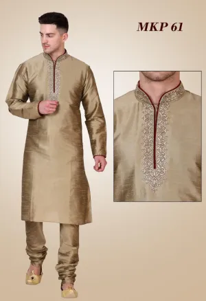Metallic Tan  Pure Silk Mens Long Kurta Pajama Set