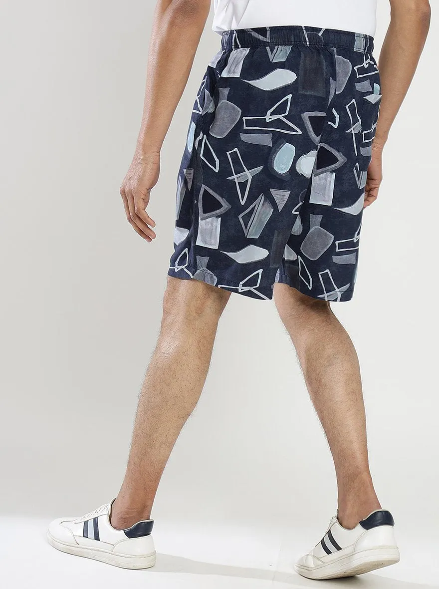 Navy Blue Printed Slim Fit Shorts | JadeBlue