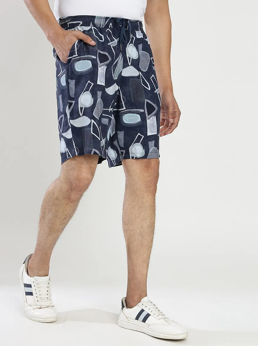 Navy Blue Printed Slim Fit Shorts | JadeBlue