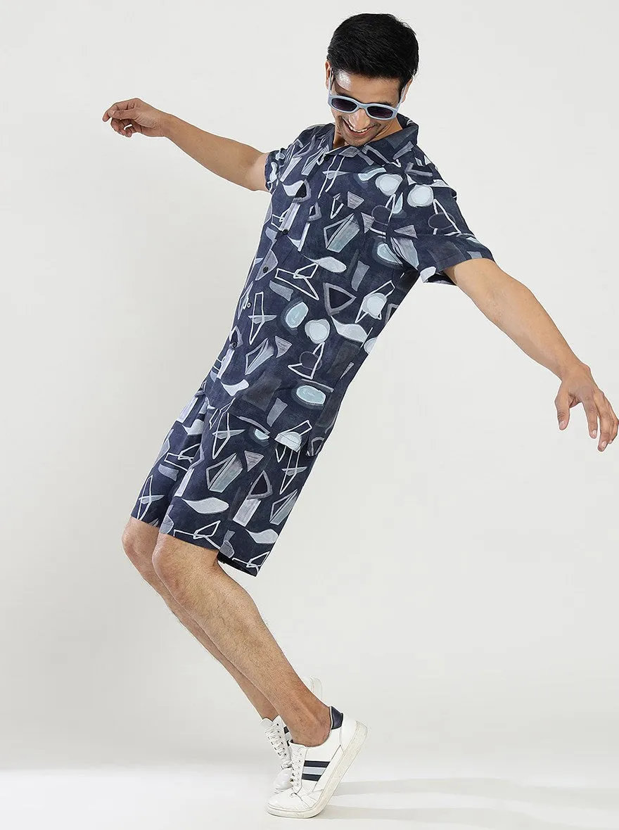 Navy Blue Printed Slim Fit Shorts | JadeBlue