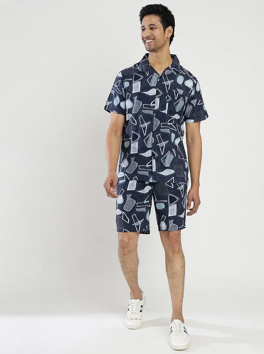 Navy Blue Printed Slim Fit Shorts | JadeBlue