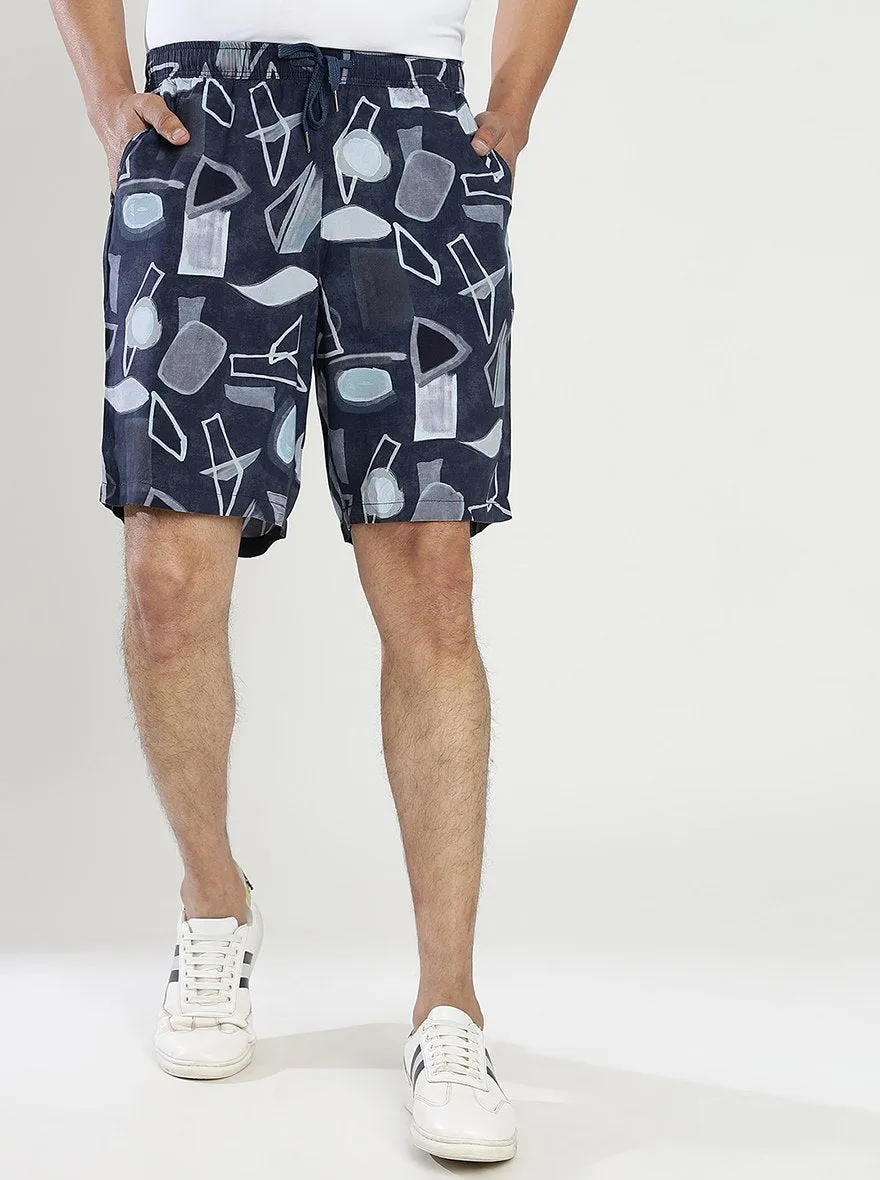 Navy Blue Printed Slim Fit Shorts | JadeBlue
