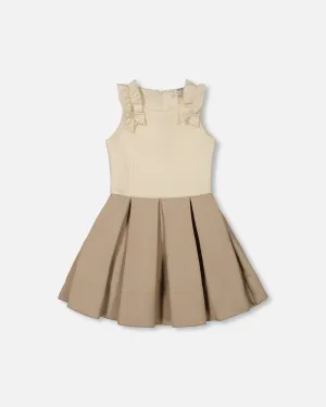 Neoprene Pleated Dress With Ruffle Off-White And Beige