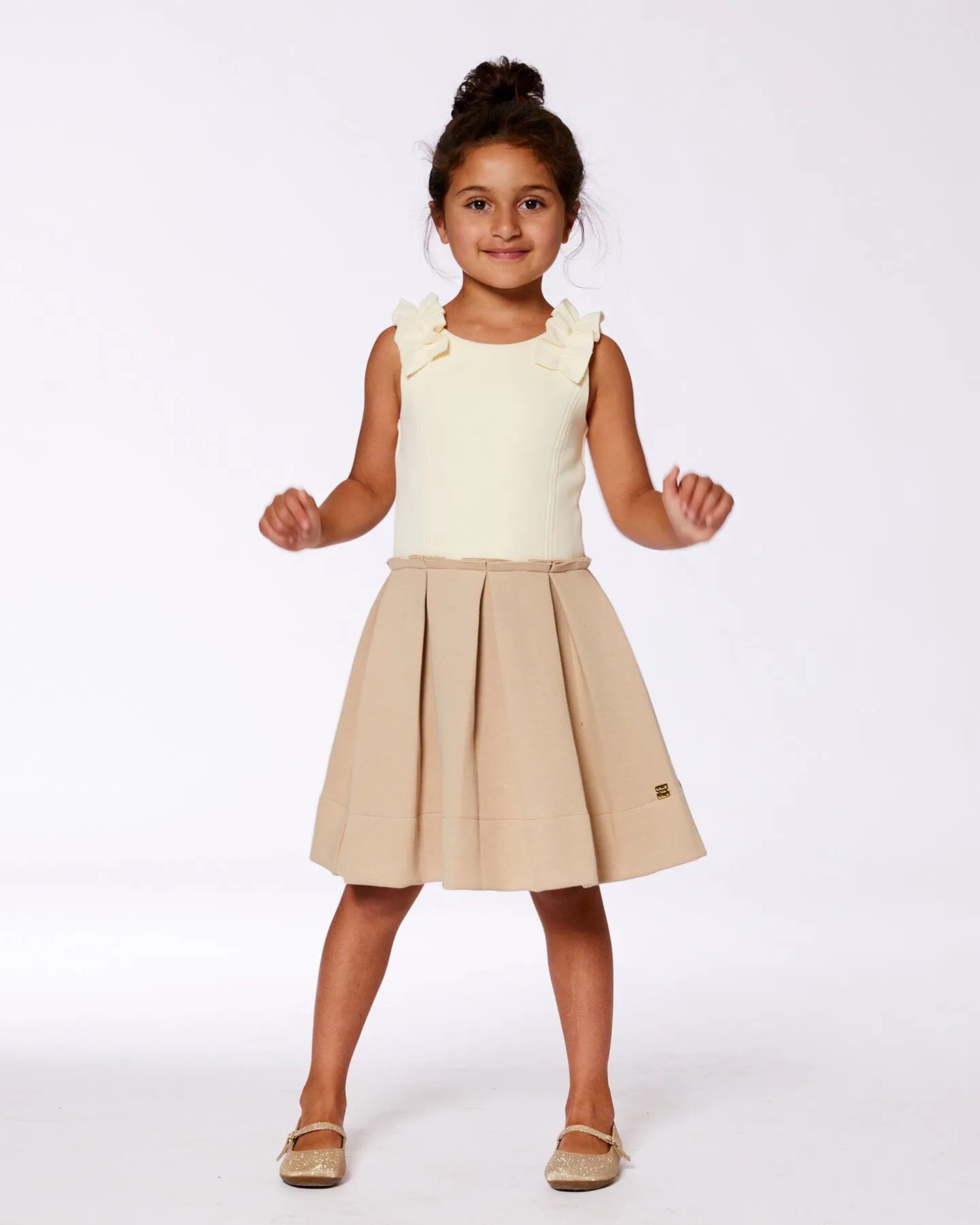 Neoprene Pleated Dress With Ruffle Off-White And Beige