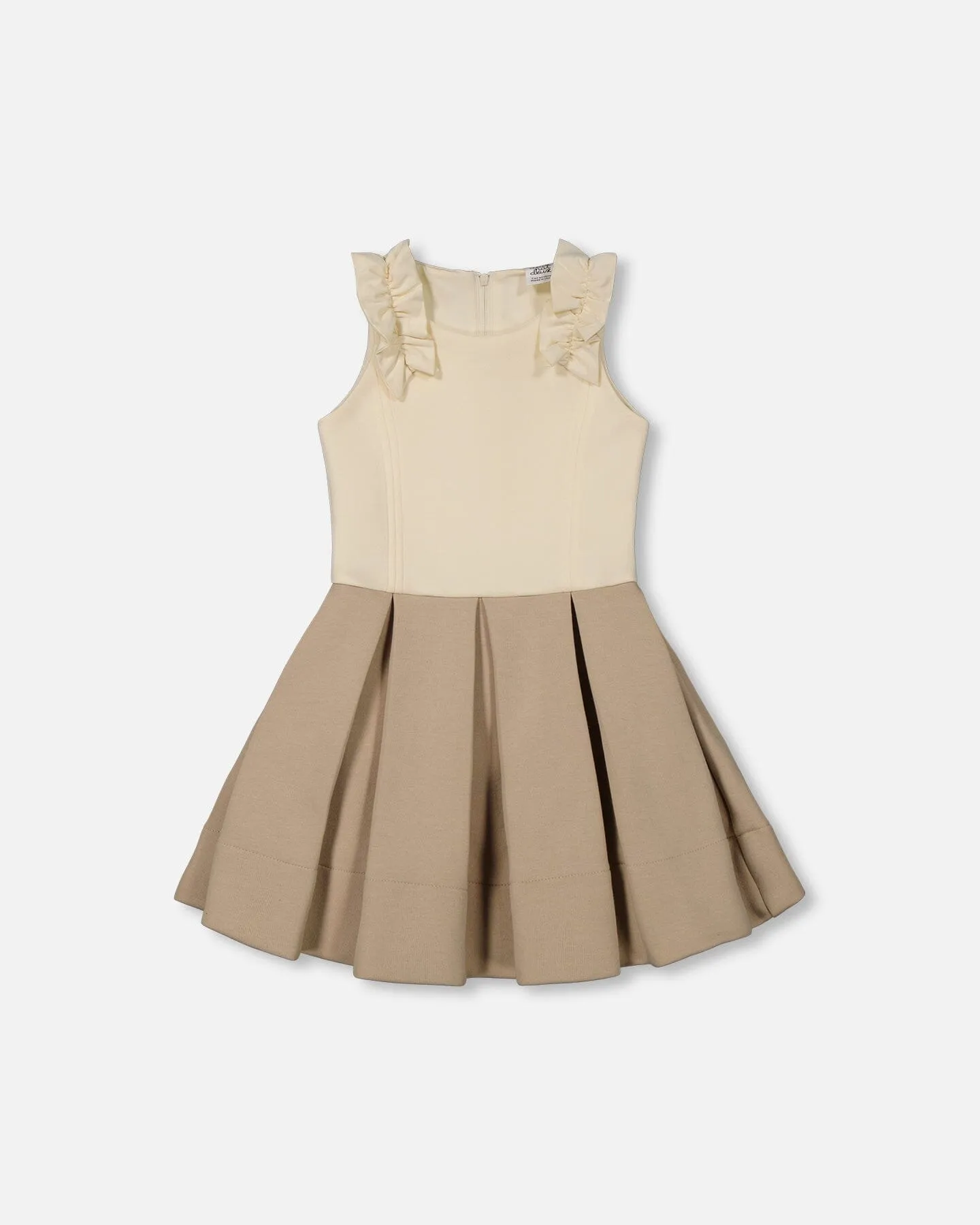 Neoprene Pleated Dress With Ruffle Off-White And Beige