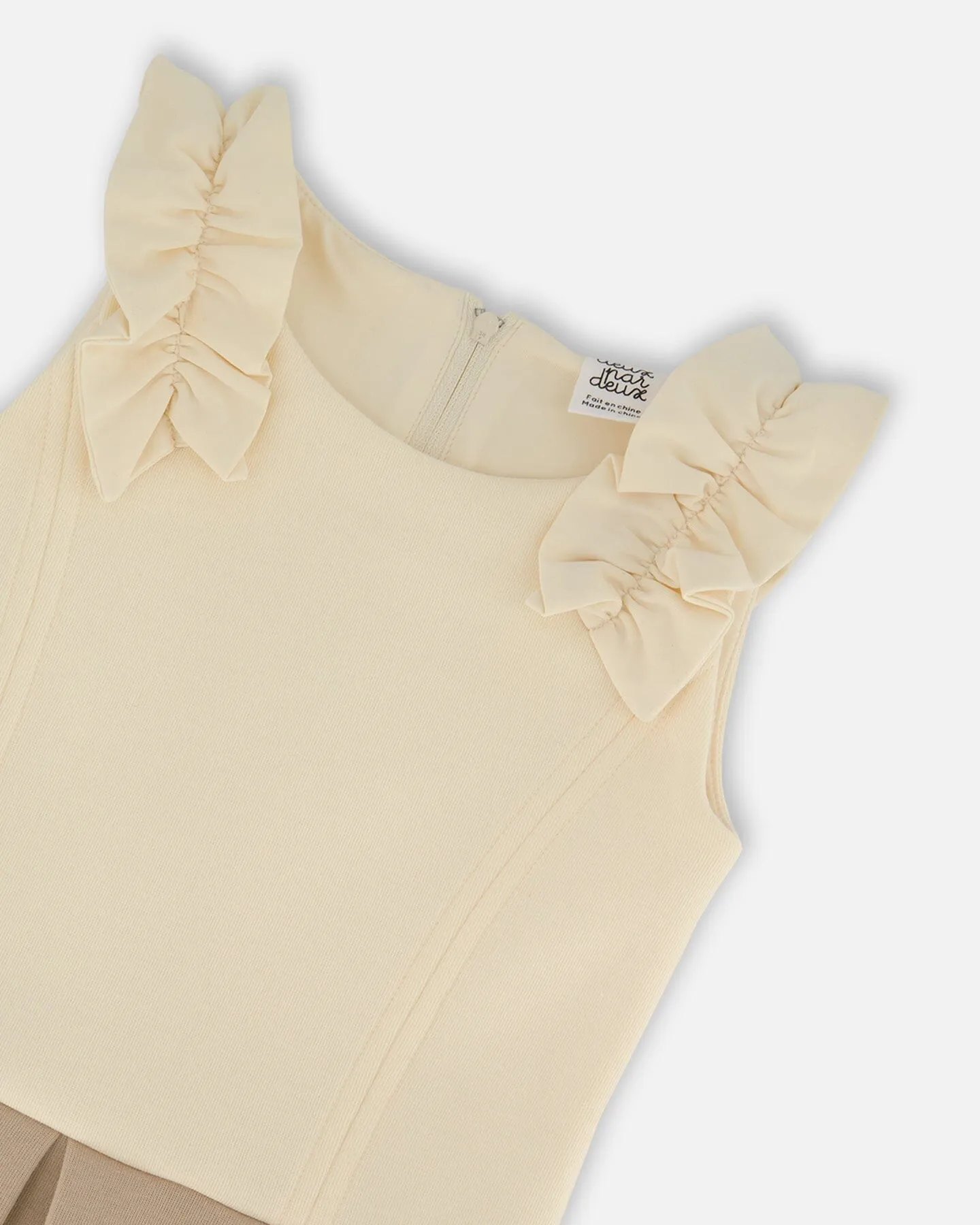 Neoprene Pleated Dress With Ruffle Off-White And Beige