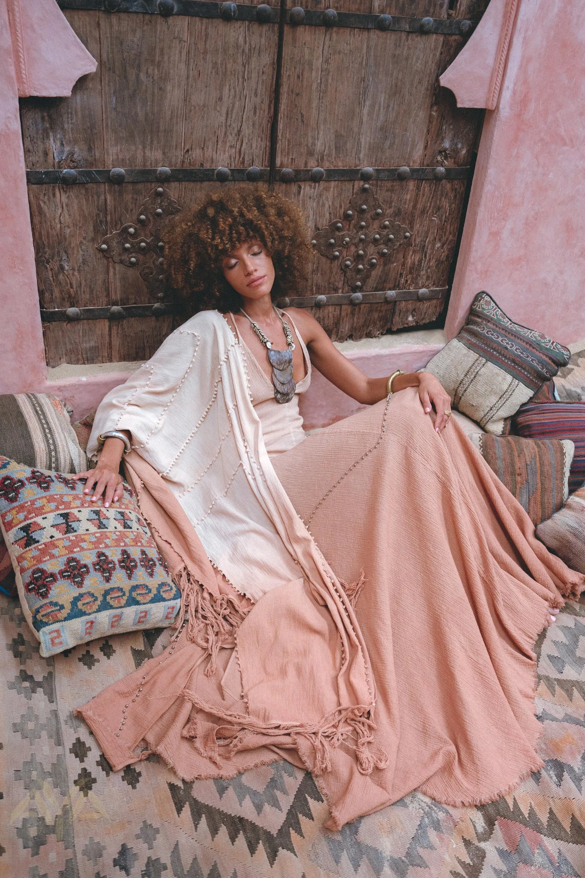 Powder Pink Boho Poncho • Bohemian Cape • Plus Size Clothing • Wrap Shawl • Ombre Sustainable Mantel •Organic Shawl with Handmade Print
