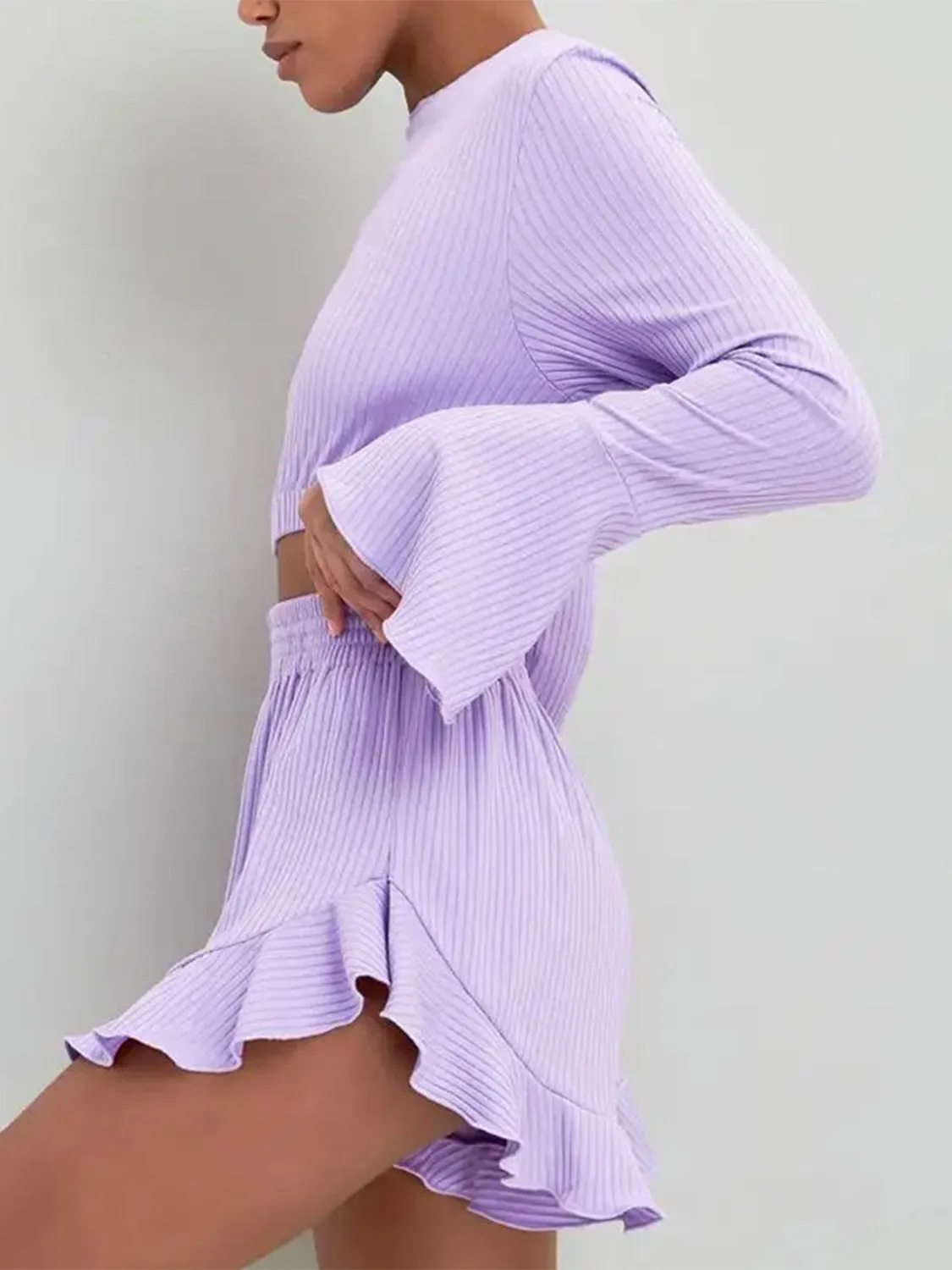 Round Neck Long Sleeve Top and Ruffled Shorts Set round neck top