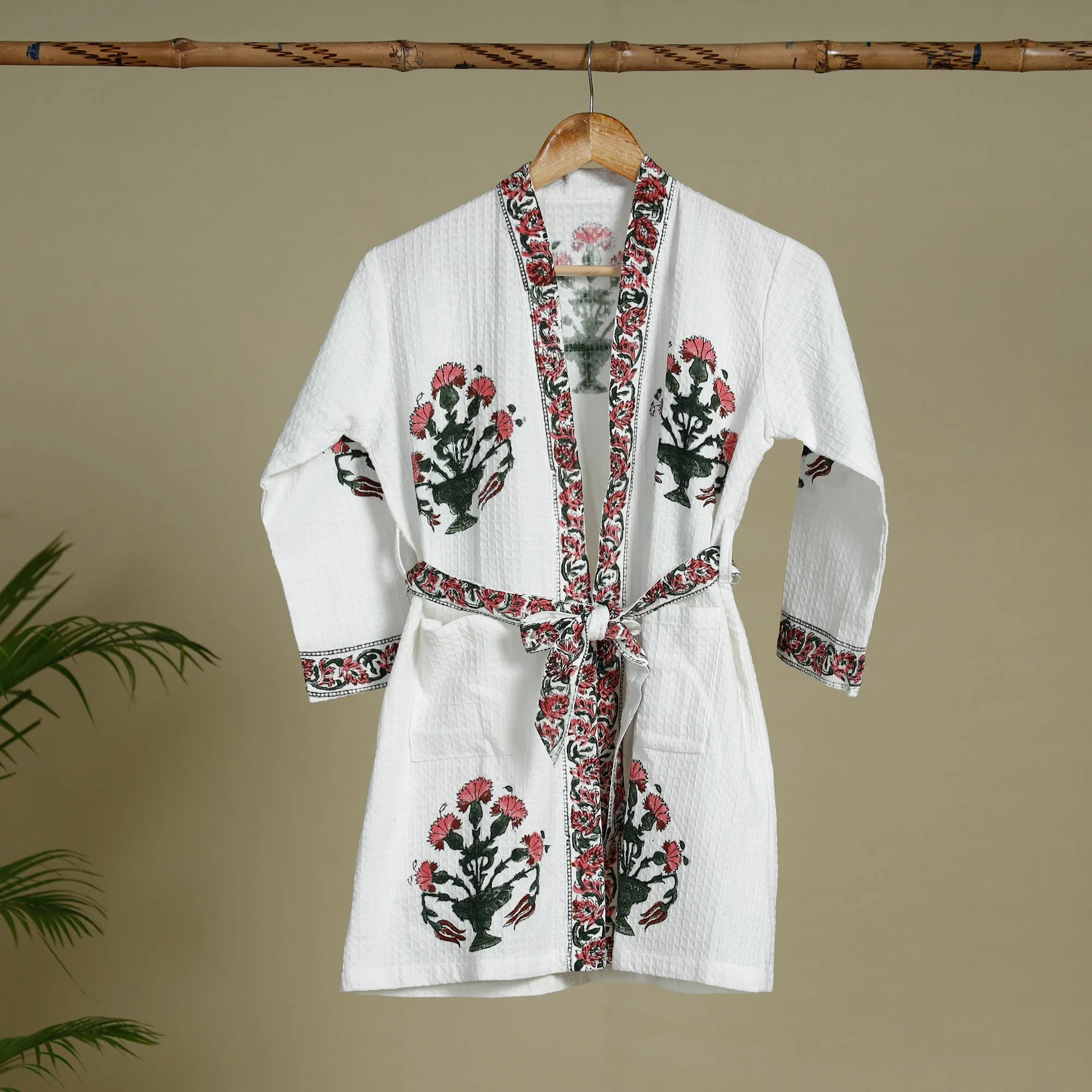 Sanganeri Block Printed Waffle Weave Handwoven Kids Bath Robe (6-12 Year)