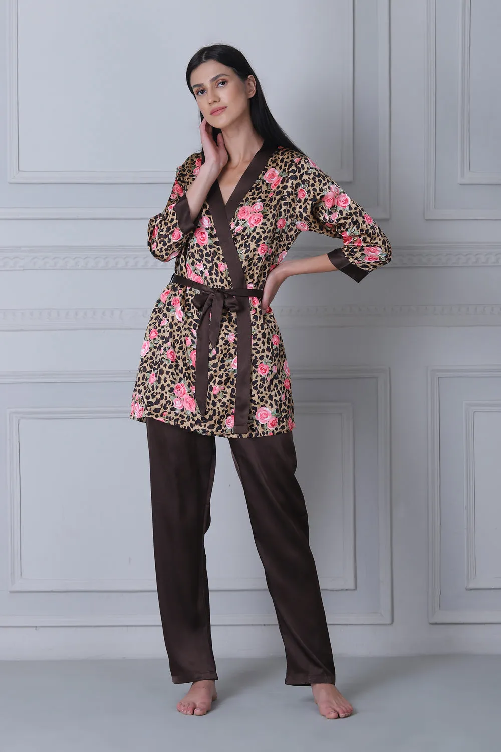 Satin Night suit with Floral Print Robe
