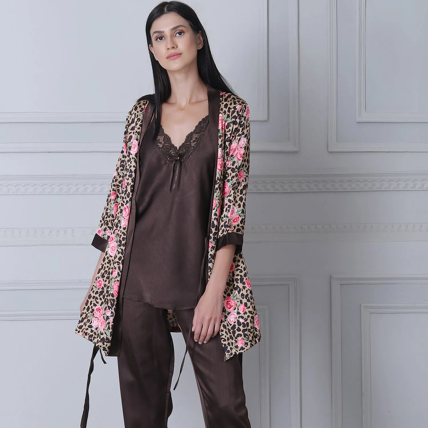 Satin Night suit with Floral Print Robe