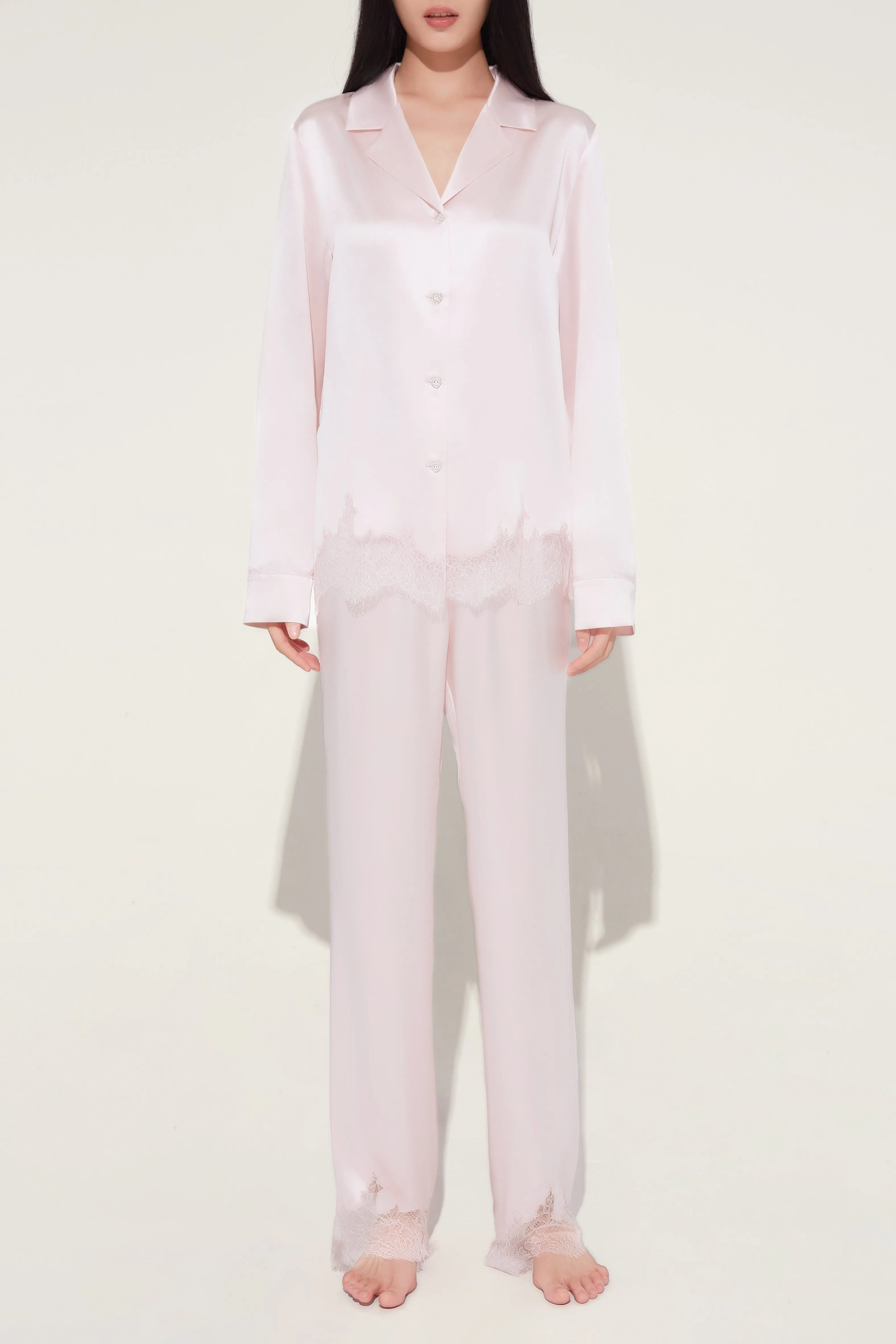 Shell Pink Lace and Silk Pyjama Set