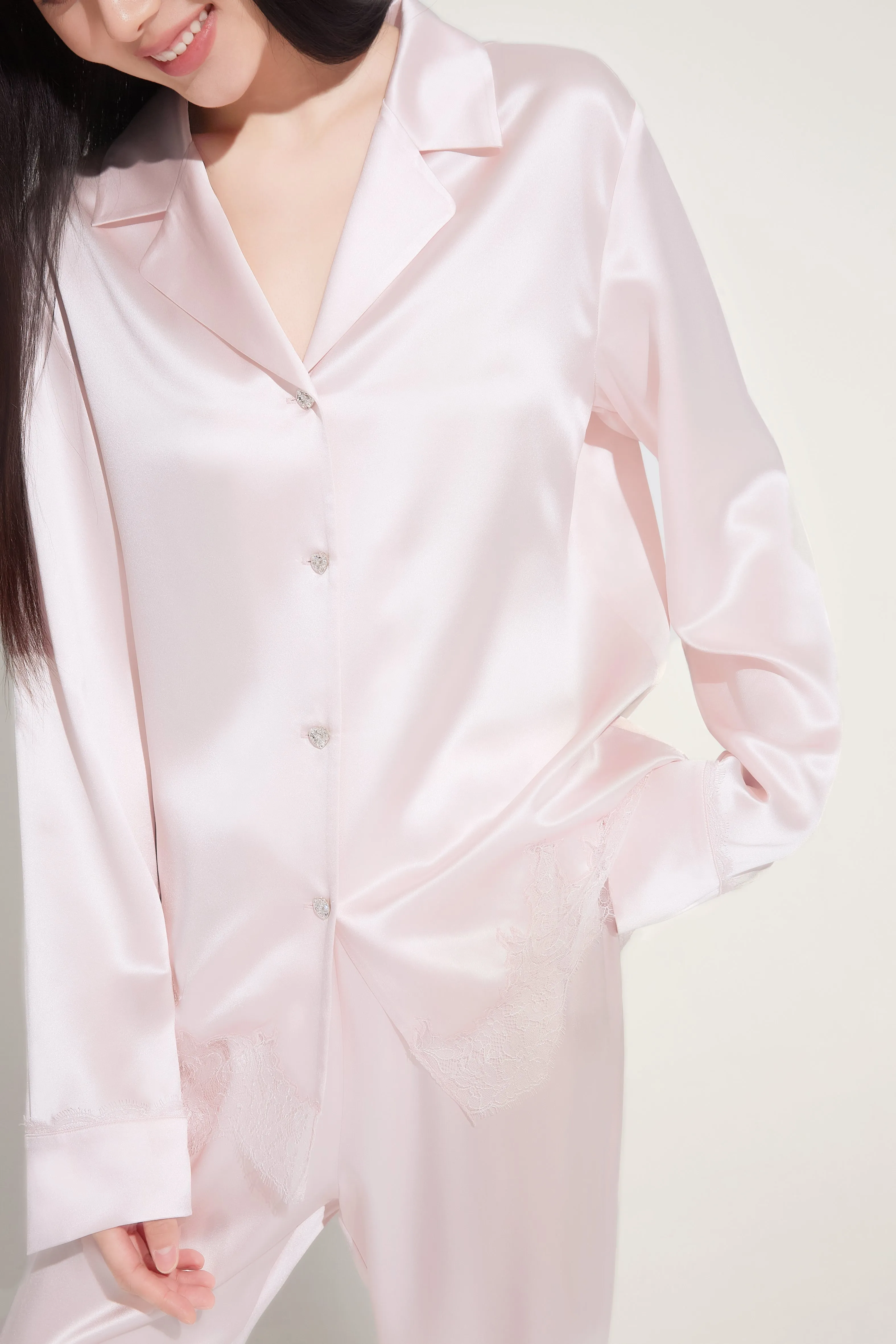 Shell Pink Lace and Silk Pyjama Set
