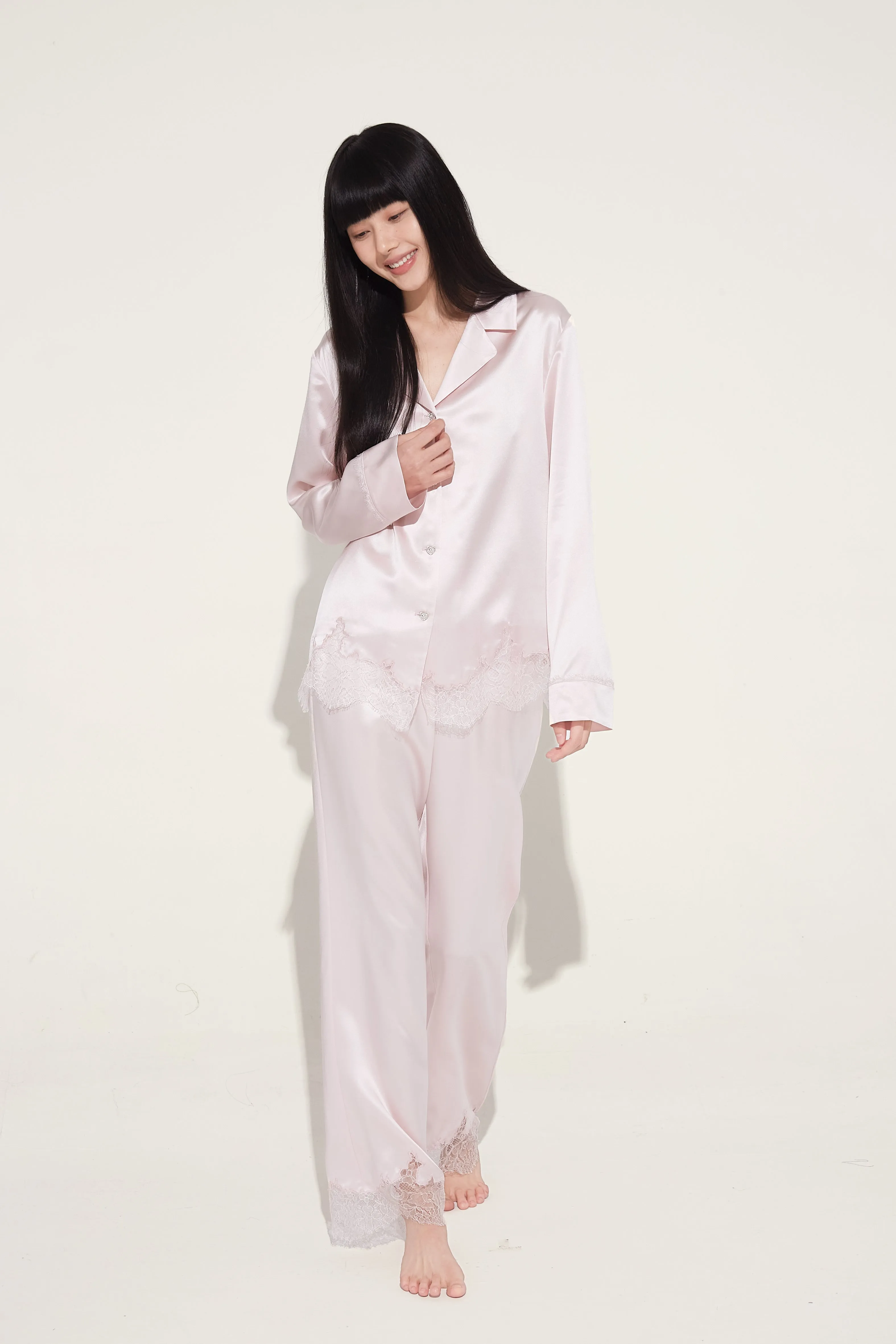 Shell Pink Lace and Silk Pyjama Set
