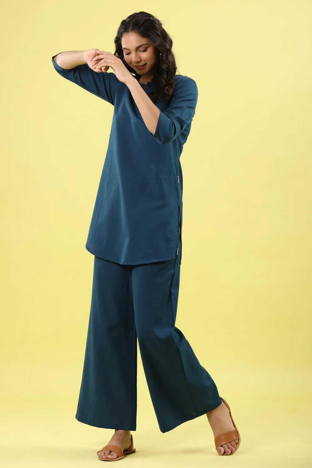 Solid Blue Cotton Flex Palazzo Loungewear Set