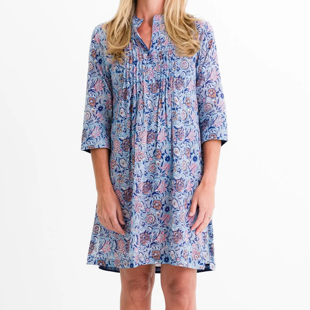 Taj Floral Blue Pintuck Shift Dress