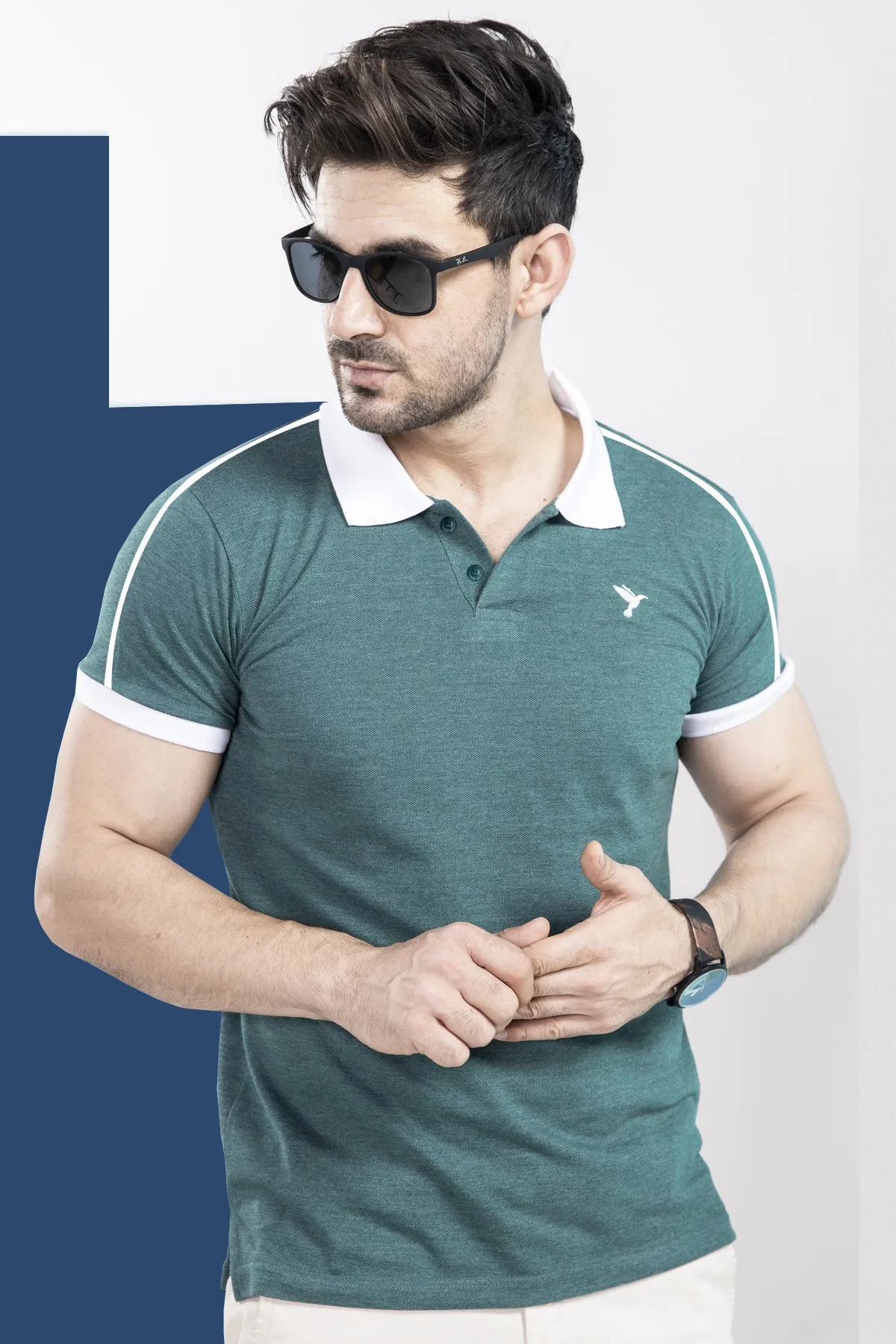 Teal Melange Contrast Embroidered Polo Shirt - A23 - MP0178R