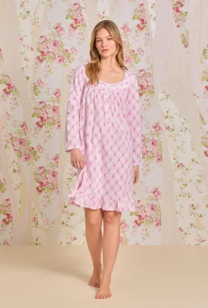 Trellis Rose Long Sleeve Short Cotton Knit Nightgown