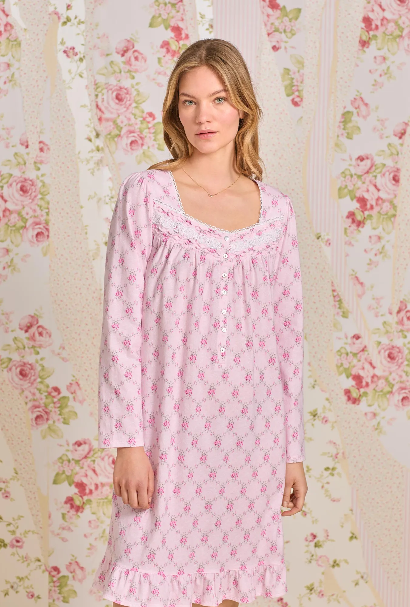 Trellis Rose Long Sleeve Short Cotton Knit Nightgown