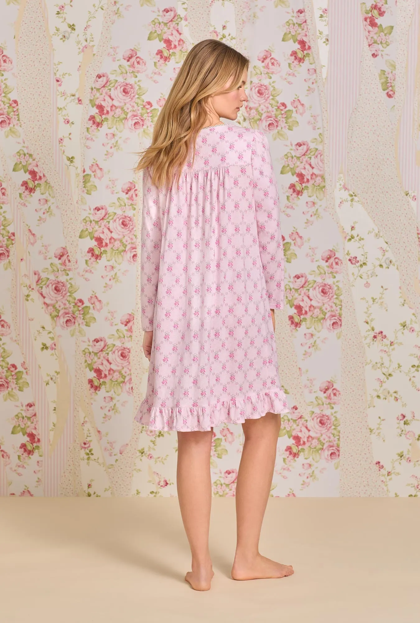 Trellis Rose Long Sleeve Short Cotton Knit Nightgown