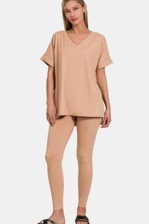 V-Neck Rolled Short Sleeve T-Shirt and Leggings Lounge Set - Brush
