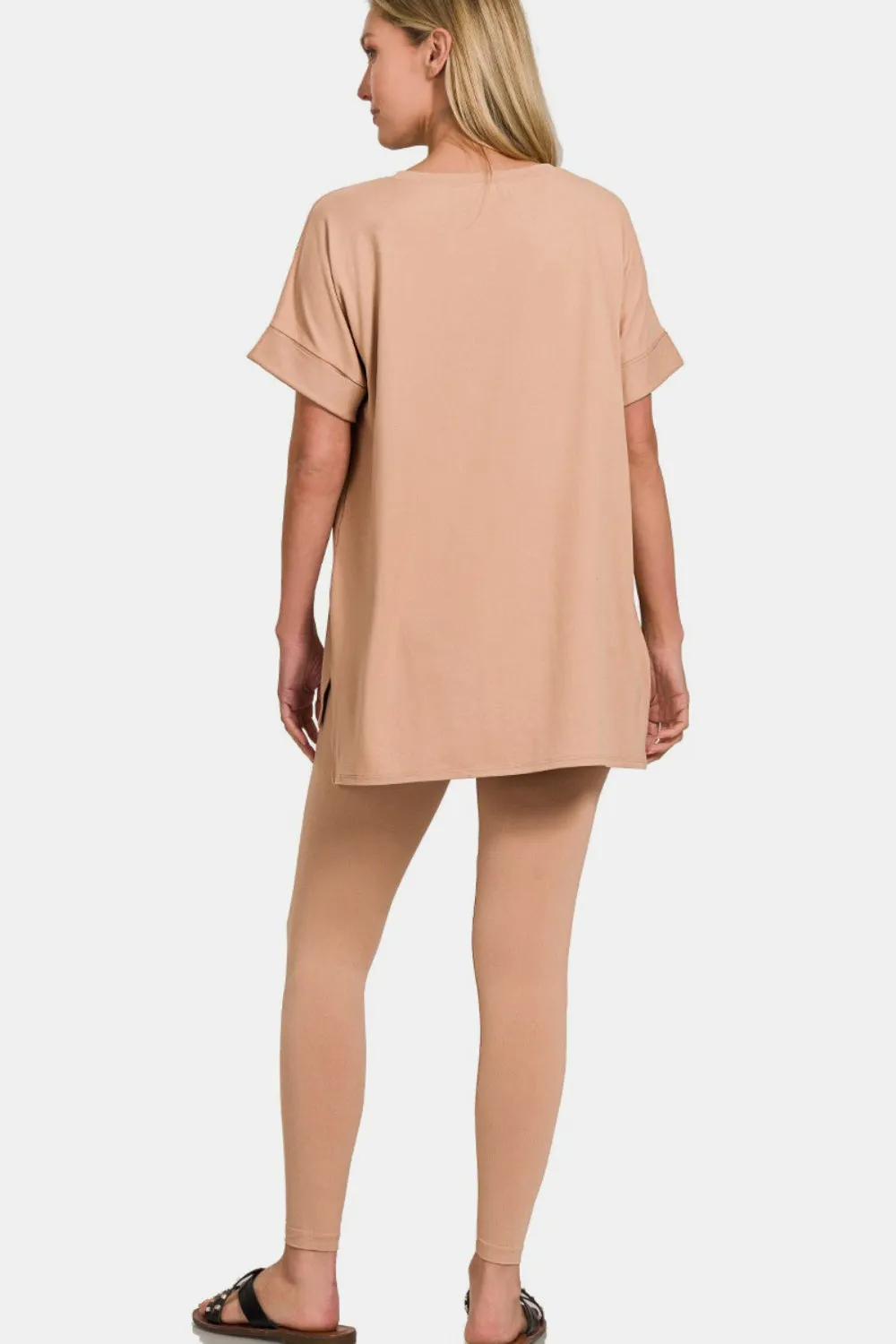 V-Neck Rolled Short Sleeve T-Shirt and Leggings Lounge Set - Brush