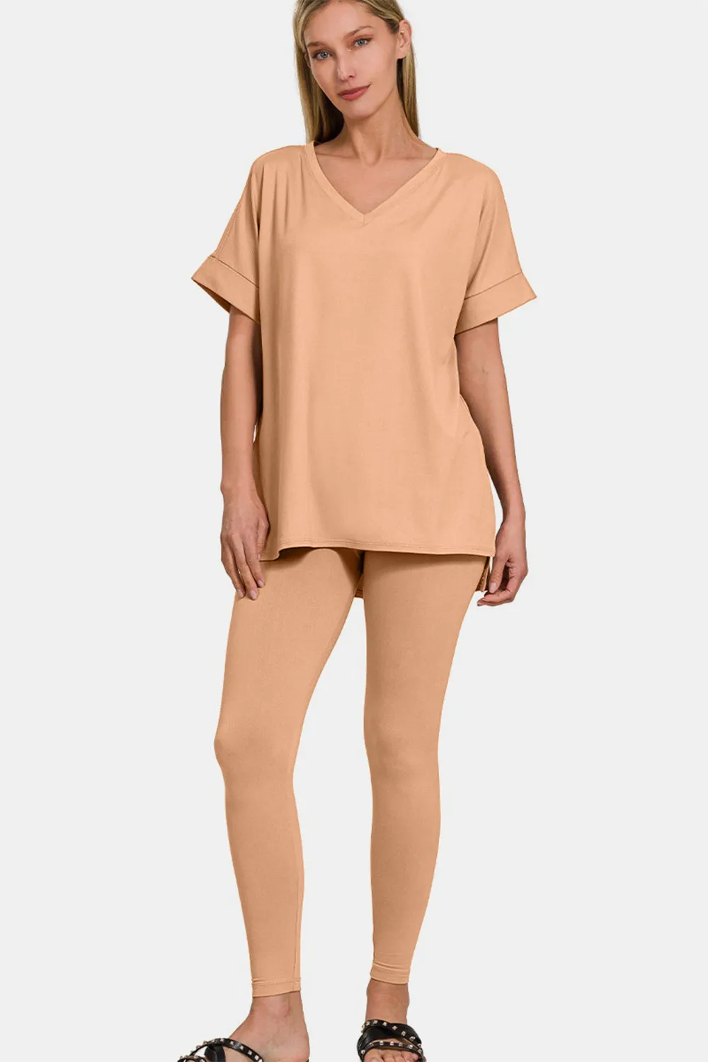 V-Neck Rolled Short Sleeve T-Shirt and Leggings Lounge Set - DK Brush