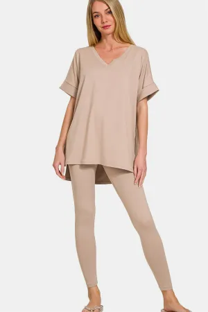 V-Neck Rolled Short Sleeve T-Shirt and Leggings Lounge Set - LT Mocha