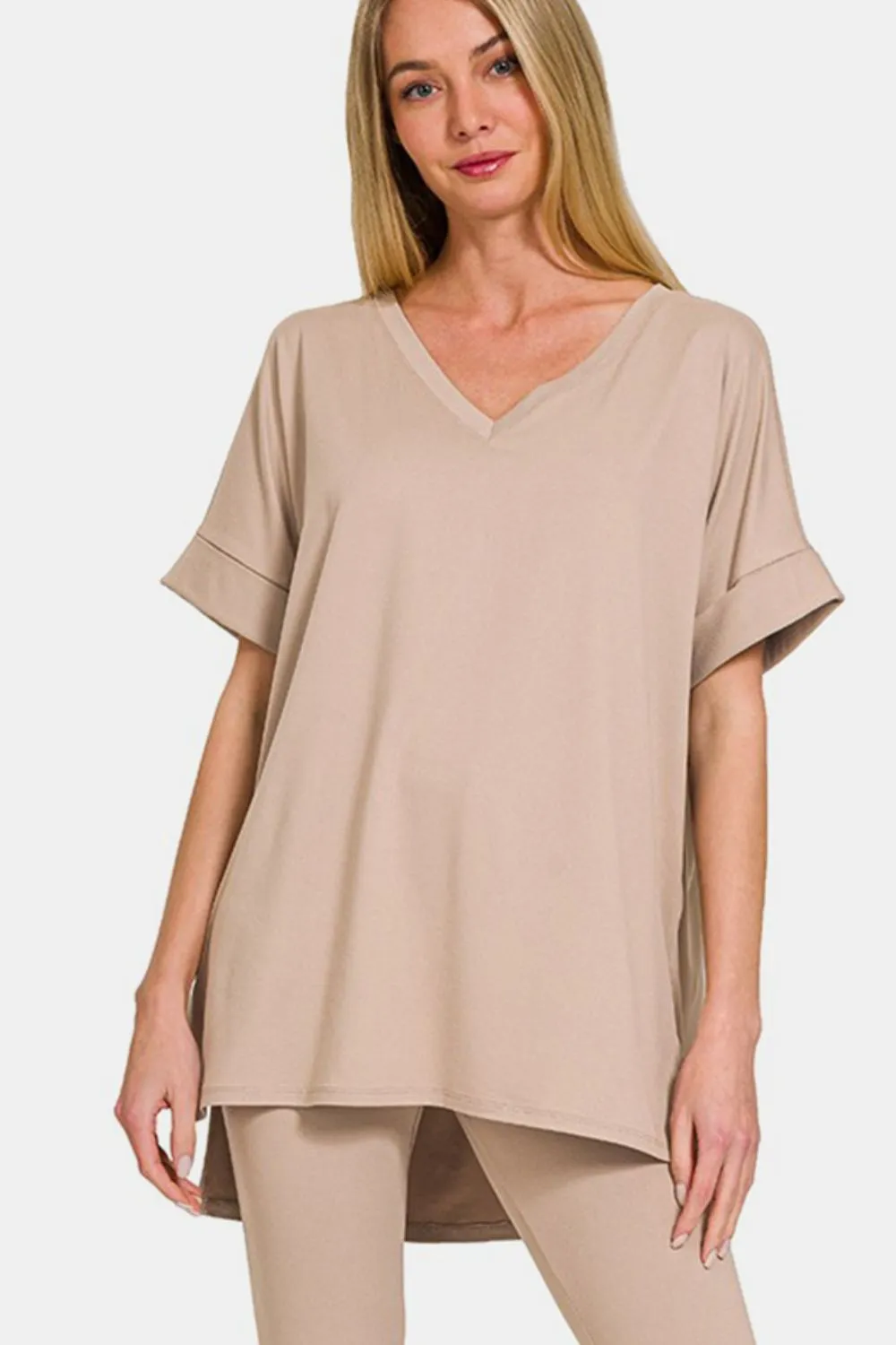 V-Neck Rolled Short Sleeve T-Shirt and Leggings Lounge Set - LT Mocha