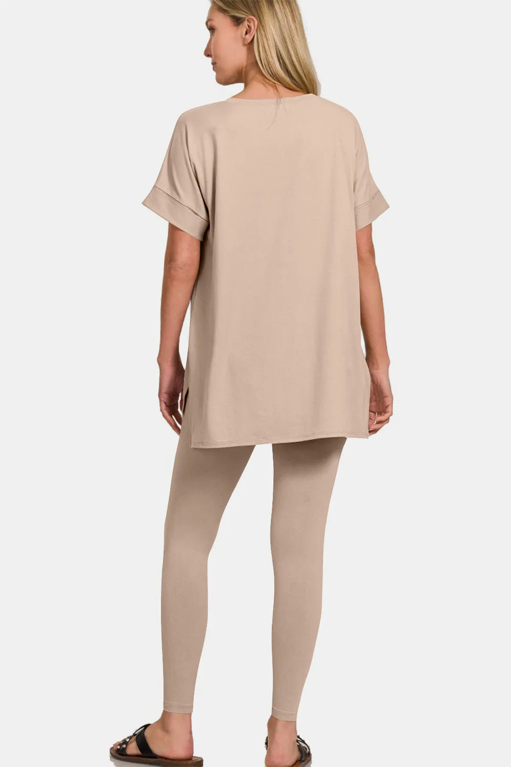 V-Neck Rolled Short Sleeve T-Shirt and Leggings Lounge Set - LT Mocha